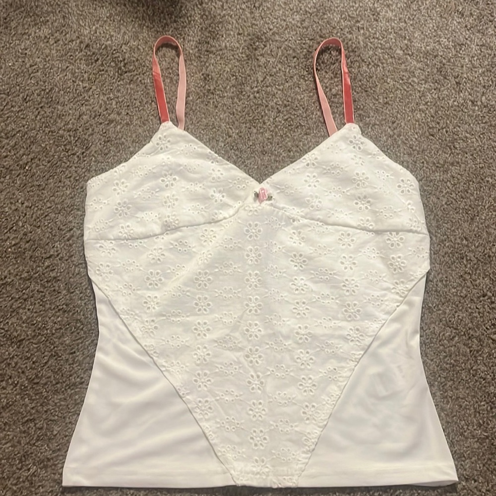 white tank top, with pink flower, & velvet straps